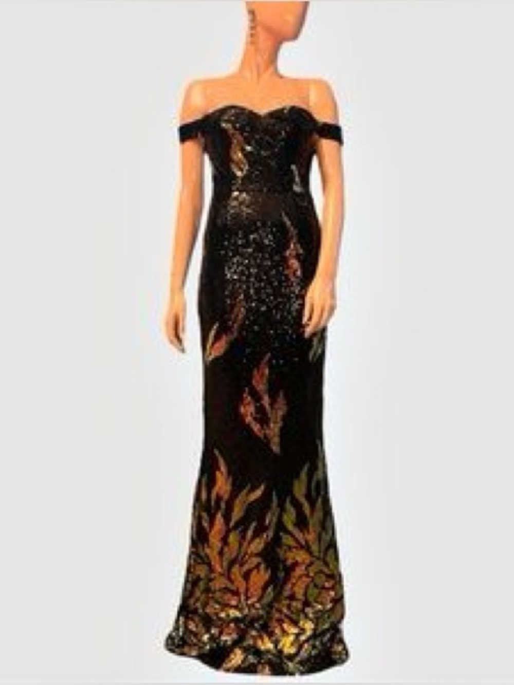 Black Off-Shoulder Sequin Evening Gown with Gold Leaf Accents